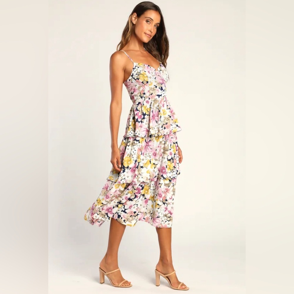 Boldly Blossoming Purple Multi Floral Tiered Ruffled Midi Dress